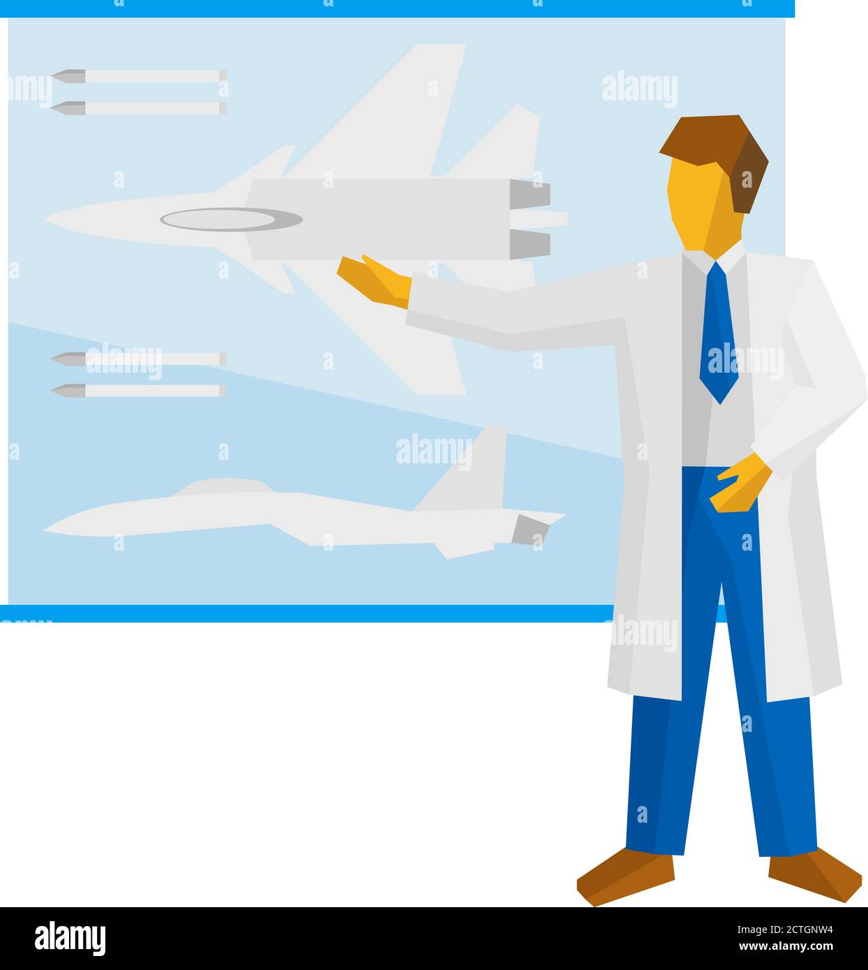 Der Wissenschaftler zeigt ein Plakat mit einem Kampfflugzeug. Fachvorträge über ein militärisches Düsenflugzeug. Vektorbild ClipArt. Stock Vektor