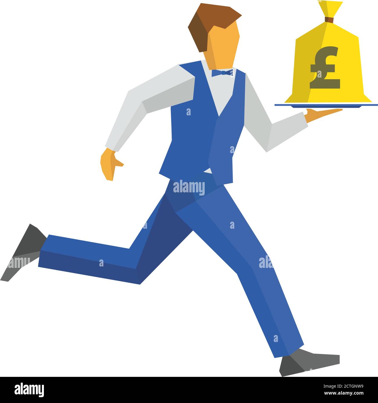 Kellner in blauer Weste und Hose läuft mit einem Geldbeutel auf einem Tablett. UK Pound Zeichen auf einem Beutel. Geschäftskonzept - einfaches Geld, Bargeld in jeder Zeit. Einfache f Stock Vektor