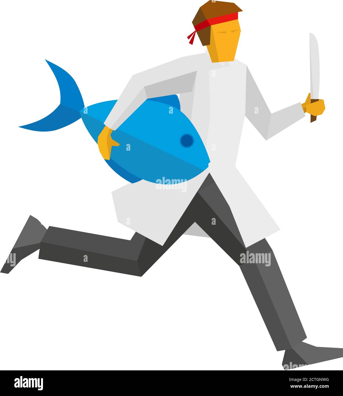 Der japanische Koch läuft mit einem Messer und einem riesigen Fisch in den Händen. Asiatisches Essen oder Kochkonzept. Einfache flache Stil Vektor Clip Art. Stock Vektor