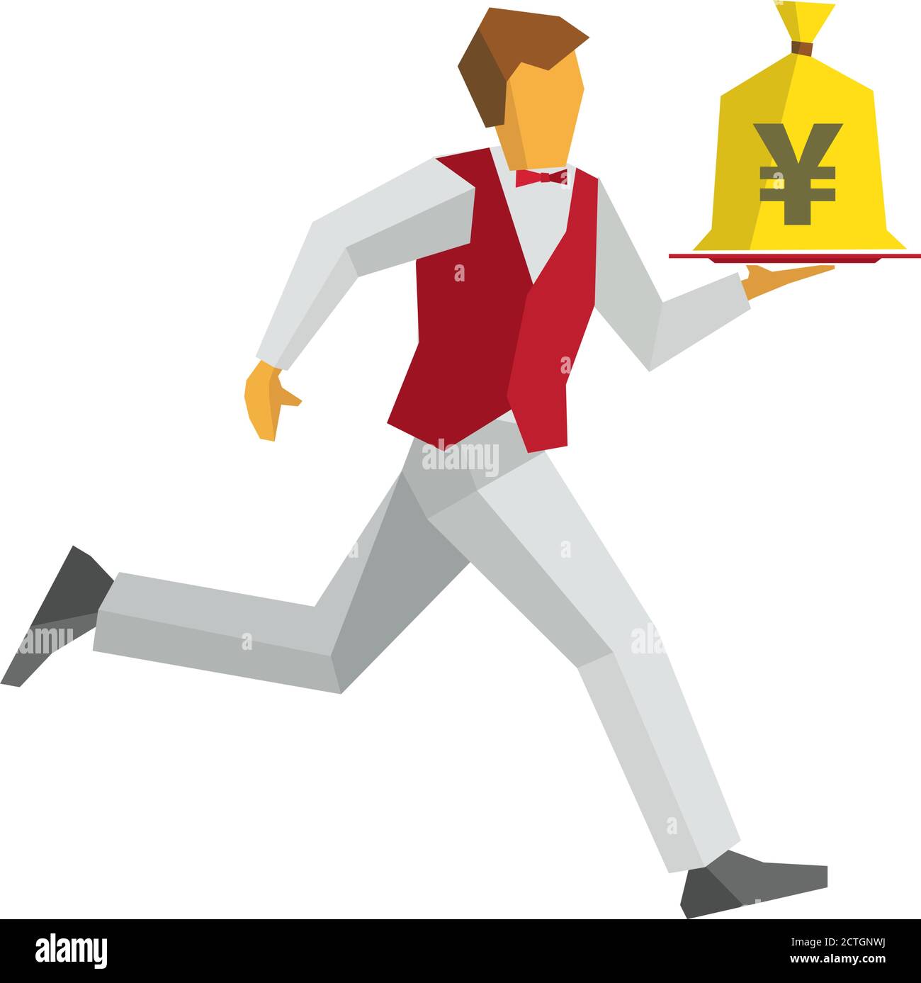 Kellner in roter Weste und weißer Hose läuft mit einem Geldbeutel auf einem Tablett. Japanischer Yen auf einem Beutel. Geschäftskonzept - einfaches Geld, Bargeld in jeder Zeit. Stock Vektor