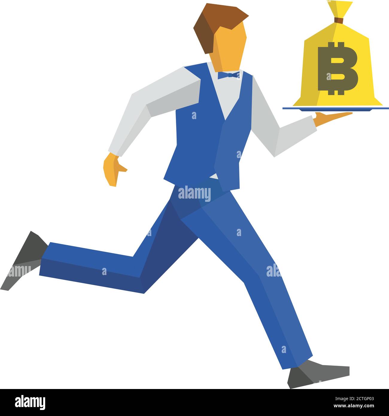 Kellner in blauer Weste und Hose läuft mit einem Geldbeutel auf einem Tablett. Bitcoin Zeichen auf einem Beutel. Geschäftskonzept - einfaches Geld, Bargeld in jeder Zeit. Einfache fl Stock Vektor