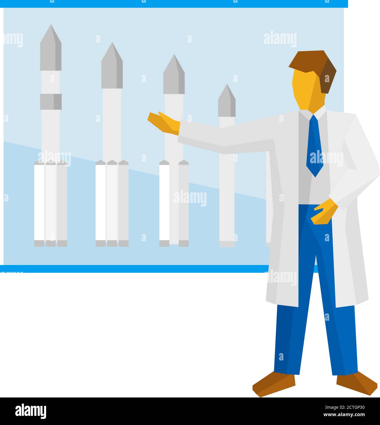 Der Wissenschaftler zeigt ein Plakat mit Raketen. Spezialist spricht über einen Weltraumflug. Vektorbild ClipArt. Stock Vektor