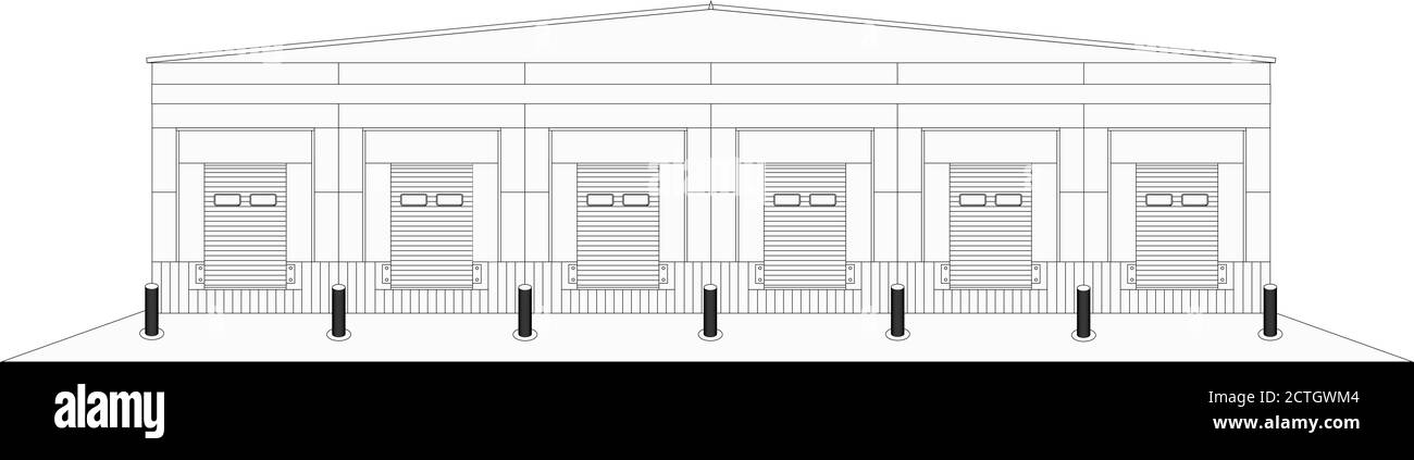 Großes Distributionslager mit Toren zum Verladen von Waren. Stockfoto