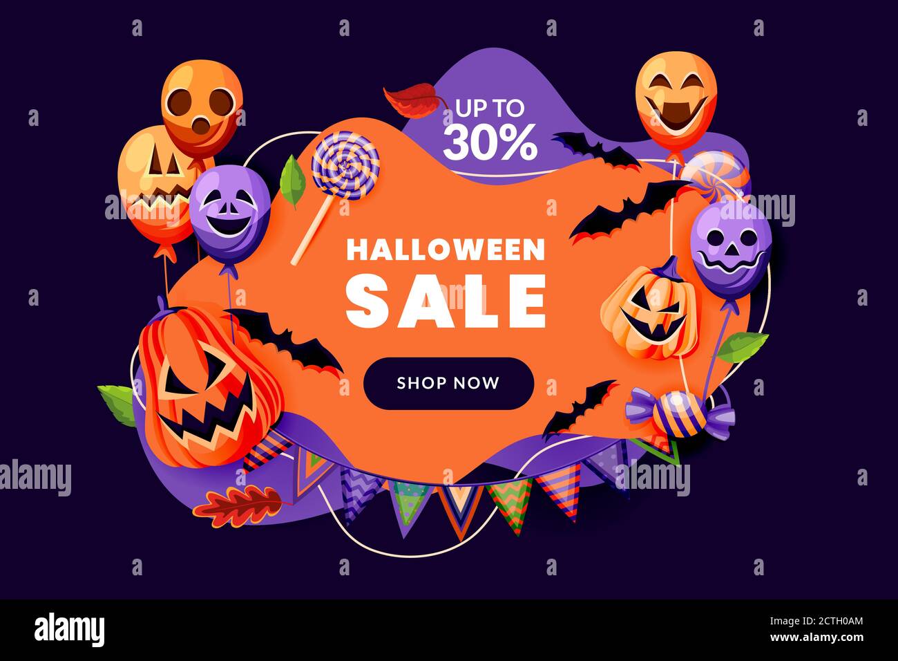 Halloween Party Einladung mit Horror Dekoration. Poster oder Rabatt Verkauf Banner Design-Vorlage. Urlaub Luftballons mit grinsenden Gesichtern, Kürbis lante Stock Vektor