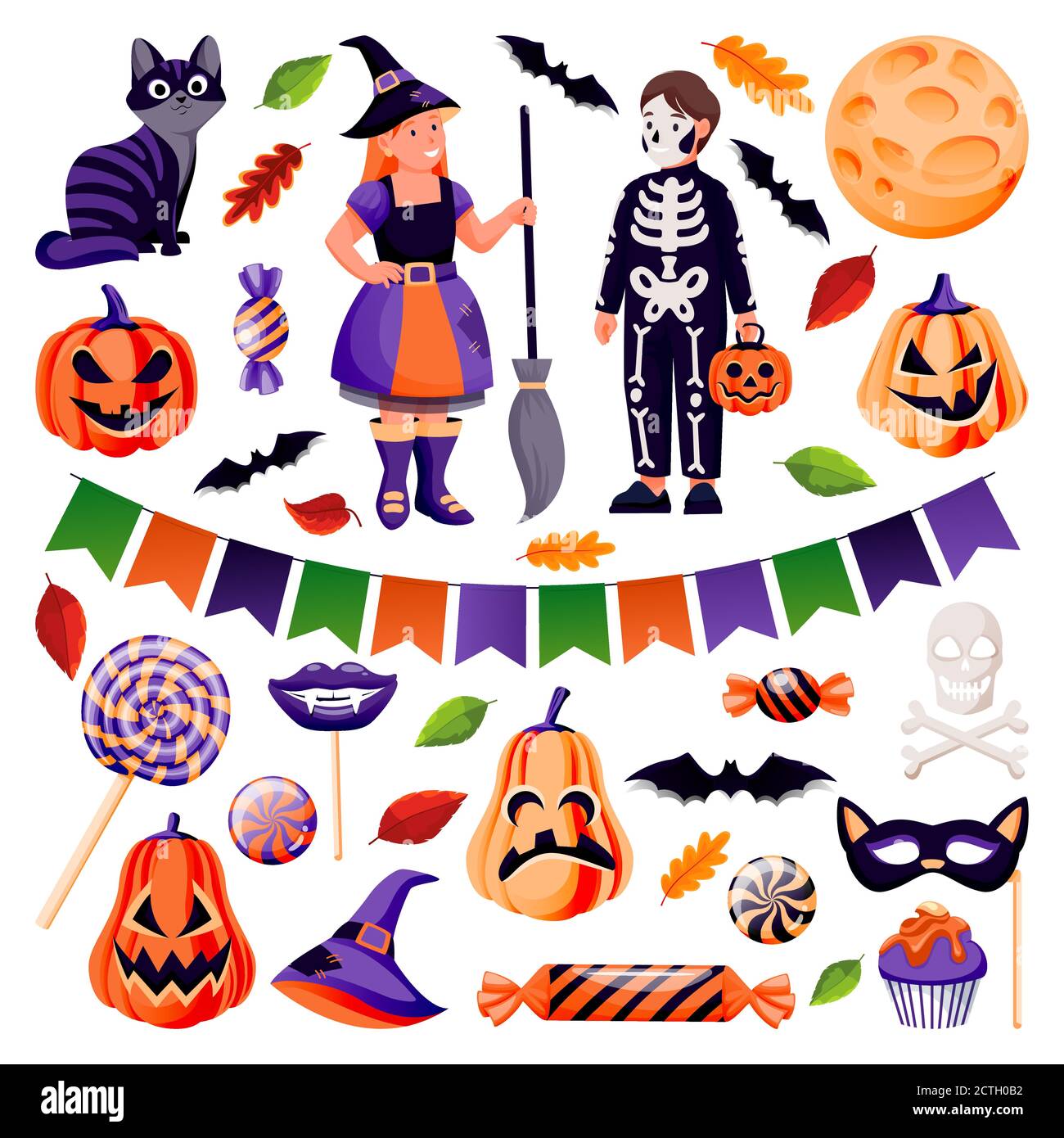 Halloween Dekoration und Design-Elemente Set. Vektor flache Cartoon-Illustration. Kürbis, Süßigkeiten, schwarze Katze, Fledermaus, Schädel Symbole. Kinder in lustigen Kostümen von Stock Vektor