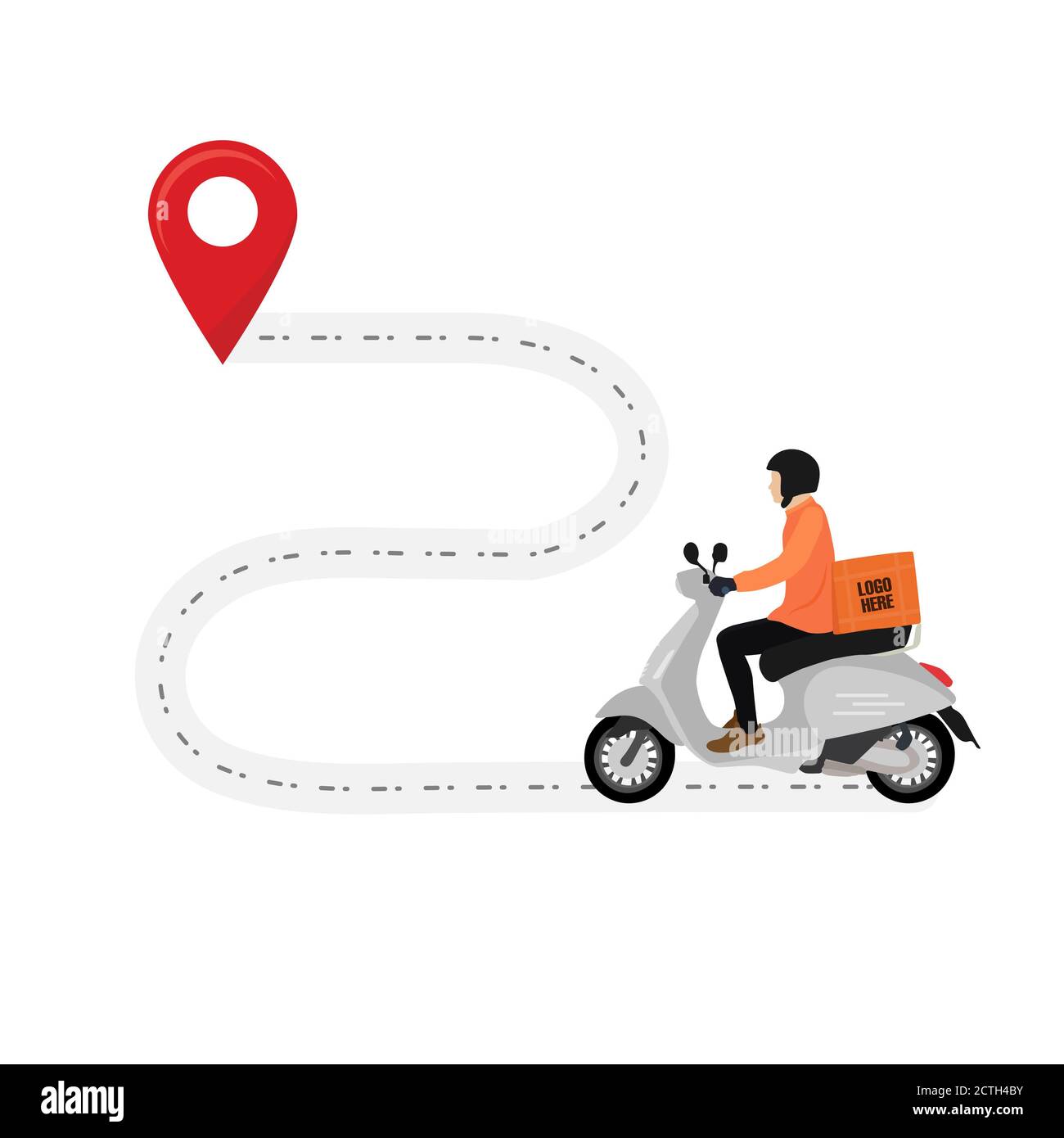 Lieferung Durch Scooter Konzept Illustration. Schnelle Lieferung E-Commerce-Konzept. Online-Delivery-Service-Konzept. Route für die Lieferung nach Hause zuordnen. Loca Stockfoto