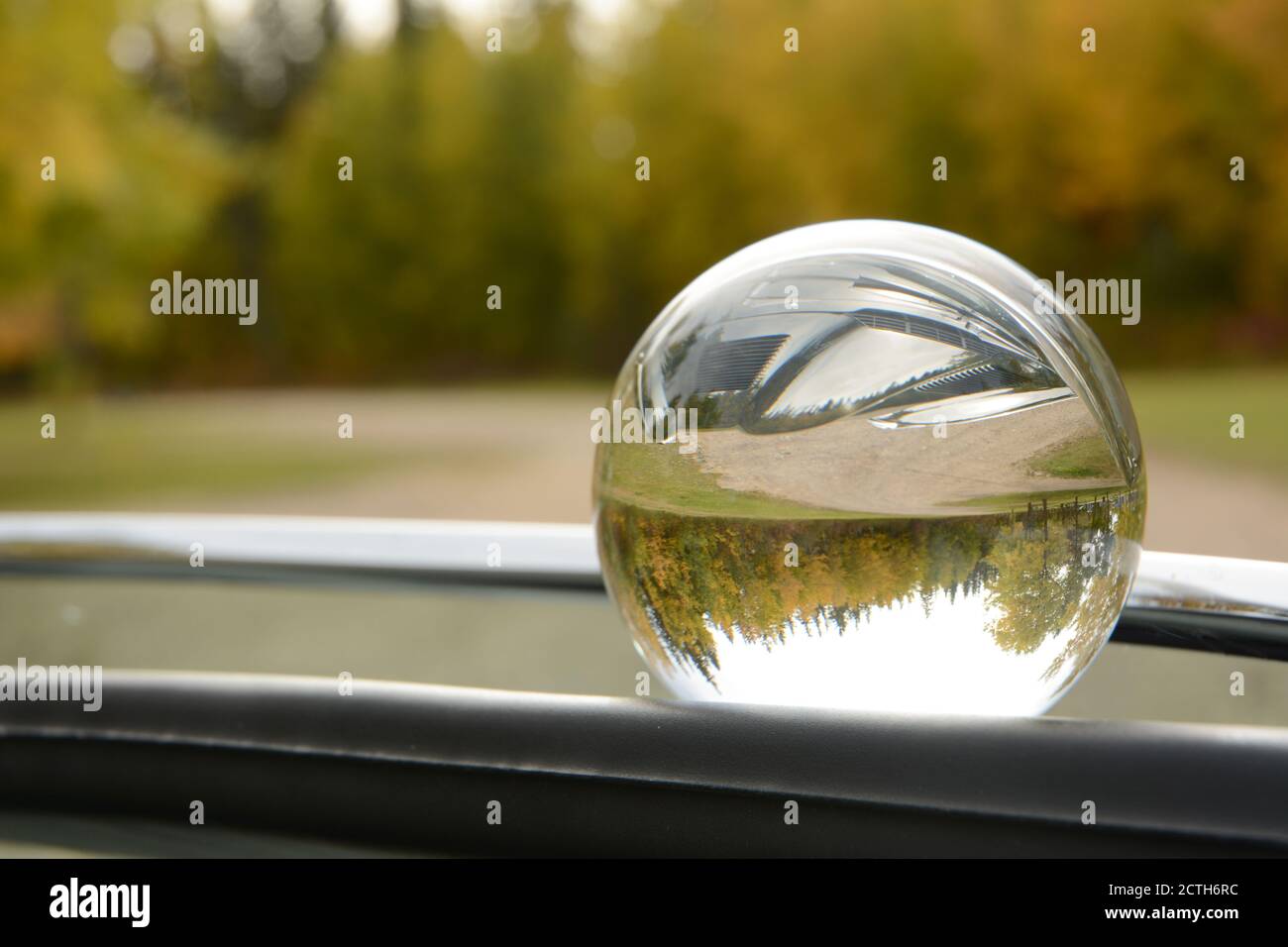 Jaguar E-Type-Streulichtblende durch den Linsenball mit Herbsthintergrund. Stockfoto