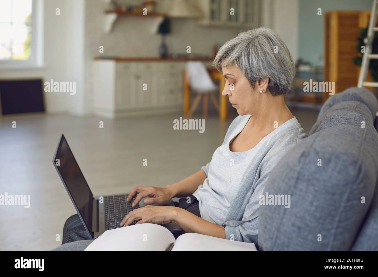 Seriöse ältere Frau, die am Laptop arbeitet, sitzt in einem großen Sessel Mit Notebook daneben Stockfoto