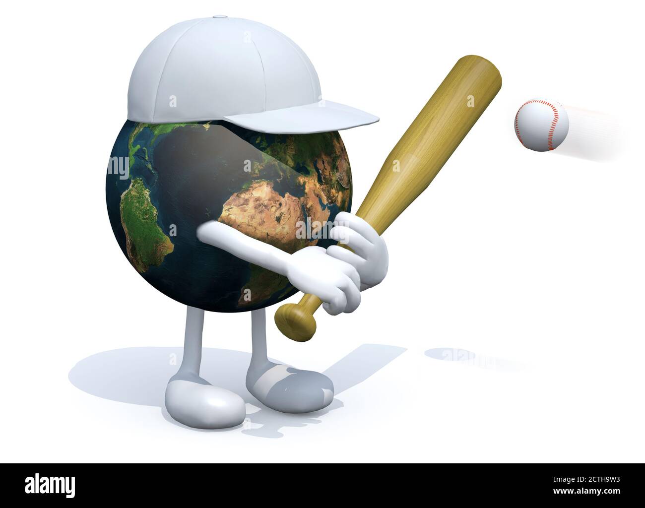 Planet Erde Cartoon Spiel Baseball, 3d-Illustration Stockfoto