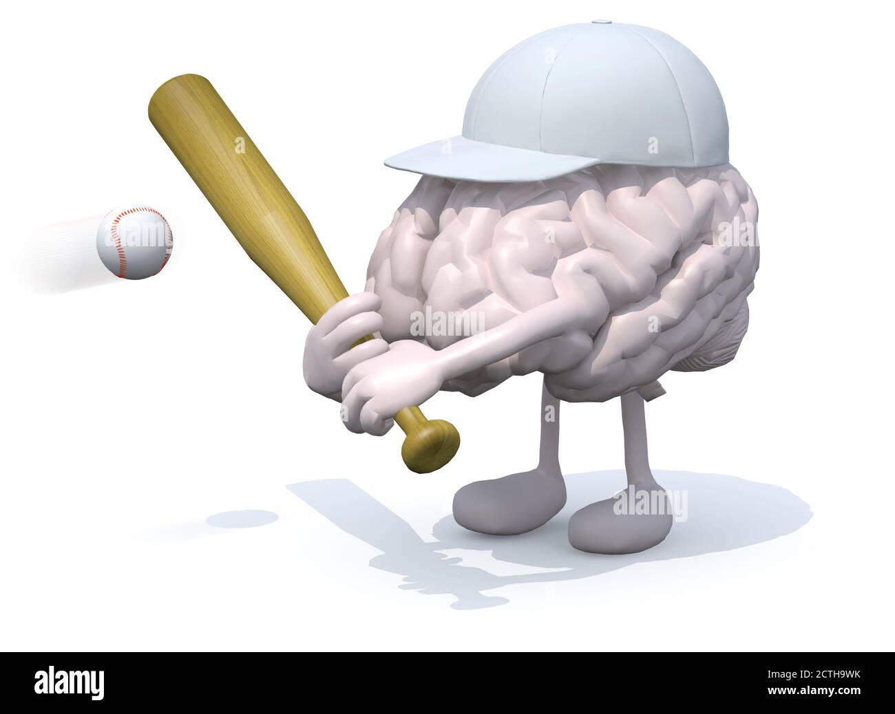 Menschliches Gehirn Cartoon spielen Baseball, 3d-Illustration Stockfoto