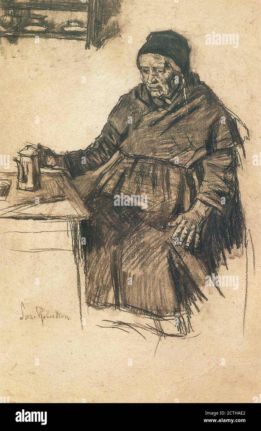 Robertson Suze – Oude Vrouw Aan Tafel Met Koffiekan – Niederländische Schule - 19. Jahrhundert Stockfoto