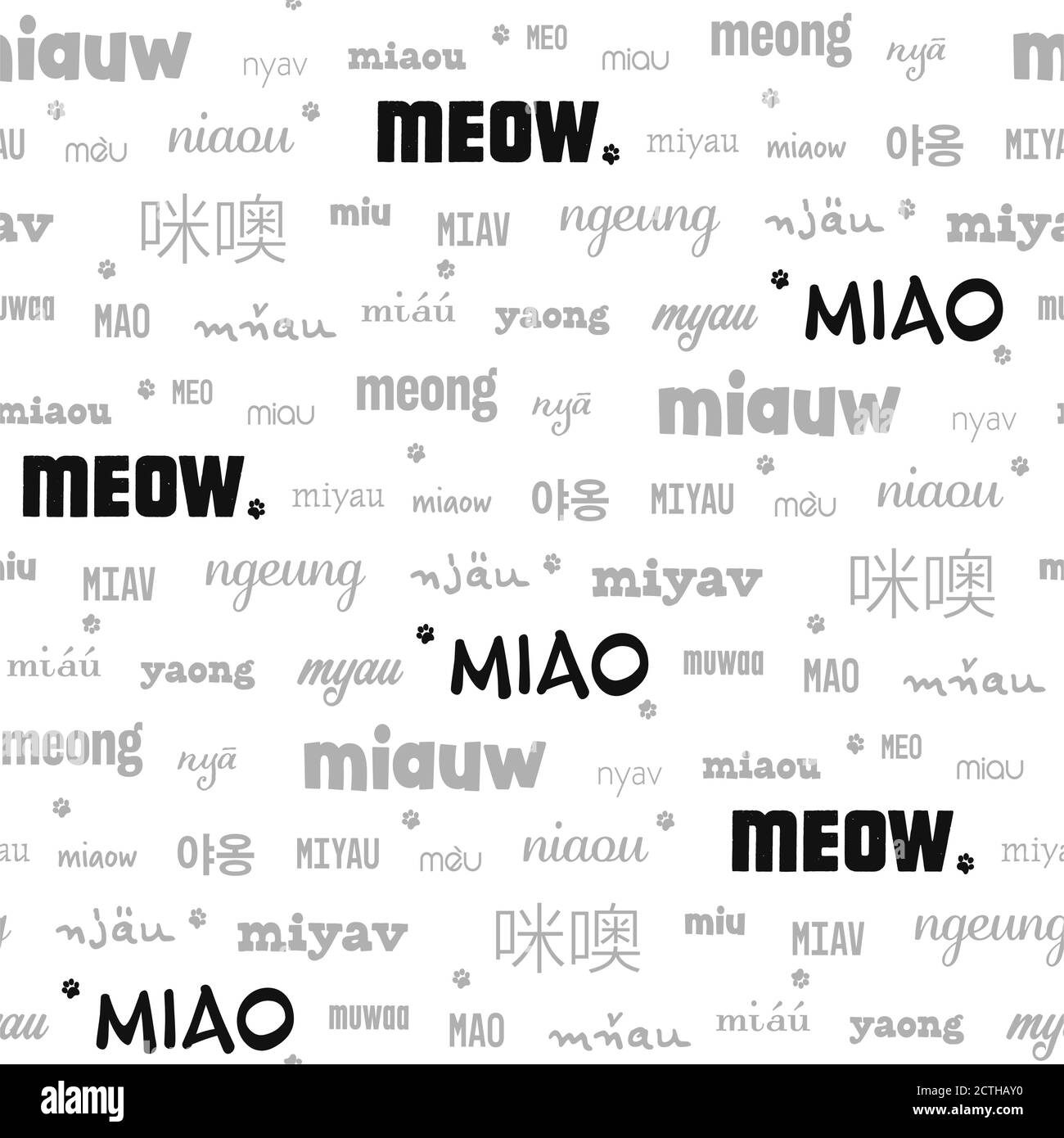 CAT Sound 'mow' in vielen internationalen Versionen. Nahtloses Bearbeitungsmuster mit verschiedenen Schreibweisen und Schriftarten. Konzept für 'Sprechen Sie Katze?' Stock Vektor