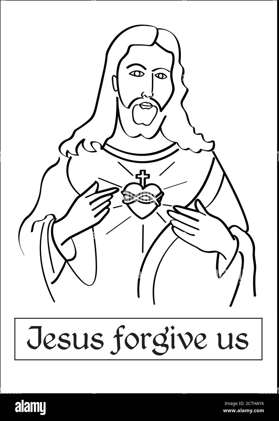 Jesus mit jesus heiliges Herzbild mit Botschaften für T-Shirt-Drucke, Bücher, Kindermalereien, Religionslehrer - Jesus vergib uns. Jesus zieht Stock Vektor