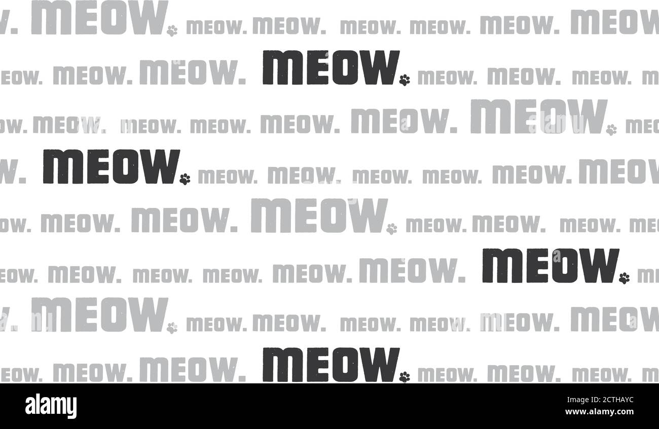 Wiederholung von „Mow.“ in verschiedenen Größen in mehreren Textzeilen. Nahtloses Bodenfräsmuster von Katzenklang. Konzept für sprechende Katzen auf Englisch. Stock Vektor