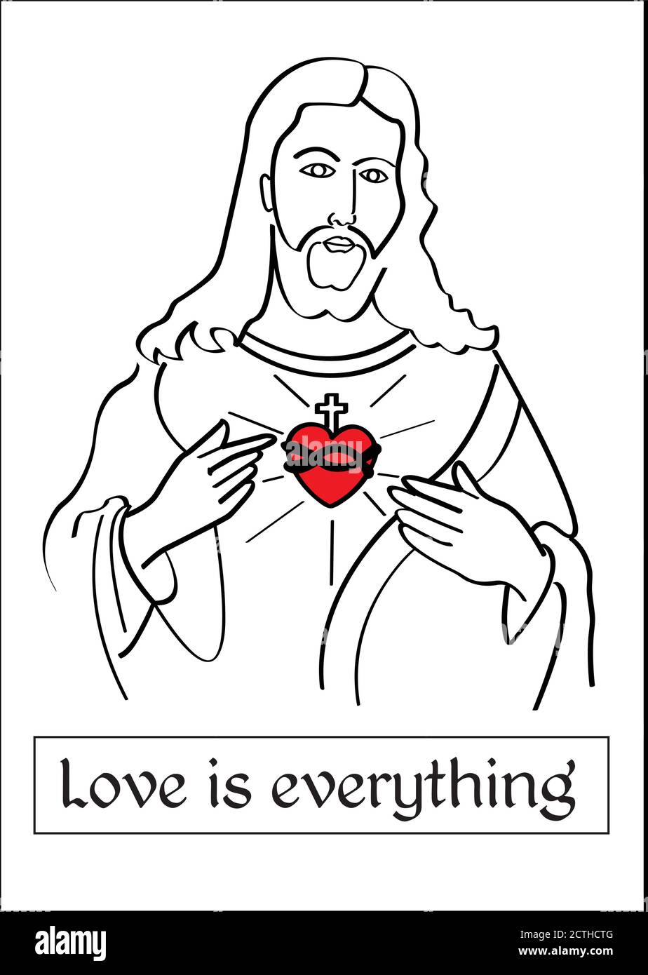 Jesus mit jesus heiliges Herz Bild mit Botschaften für T-Shirt Drucke, Bücher, Kinder Gemälde Werke, Religion Lehrer - Liebe ist alles Stock Vektor