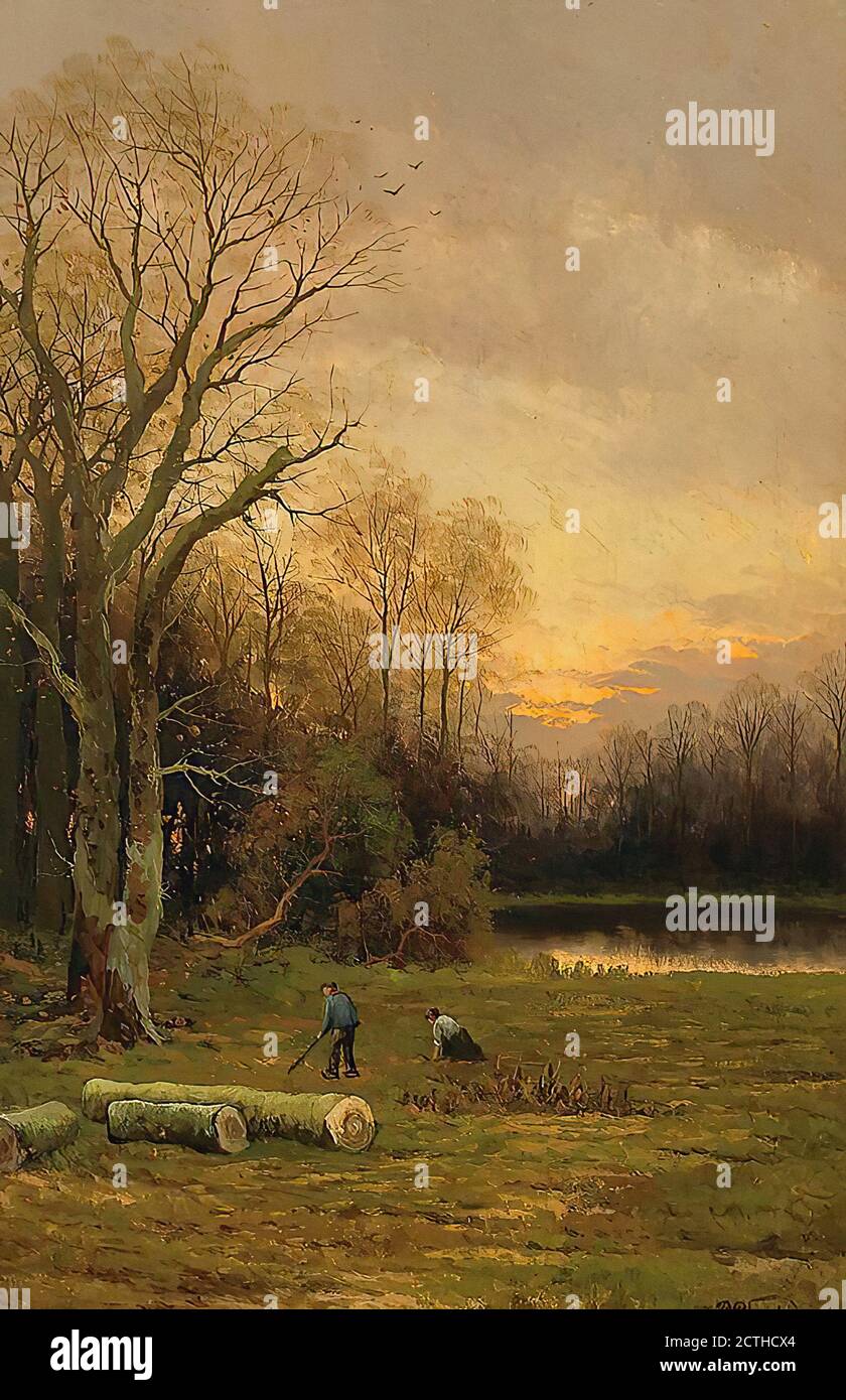Schiffedges II Petrus Paulus - Bauen bei der Holzarbeit in Abendlicher Teichlandschaft - Niederländische Schule - 19. Jahrhundert Stockfoto