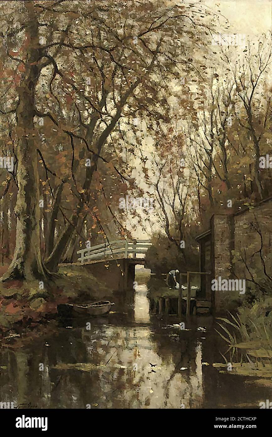 Schiffedges II Petrus Paulus - ein Herbstwald mit einem Wäscherin in der Nähe einer Brücke - Holländische Schule - 19. Jahrhundert Stockfoto
