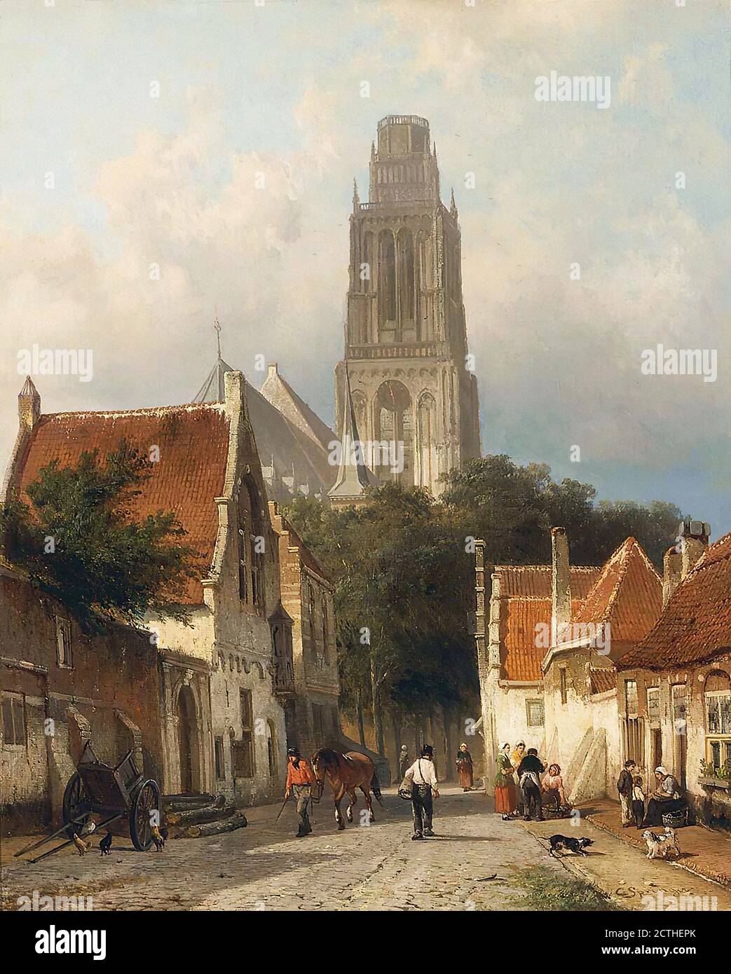 Springer Cornelis - eine belebte Straße in Zaltbommel die Sint Maartenskerk im Hintergrund - Holländische Schule - 19. Jahrhundert Stockfoto