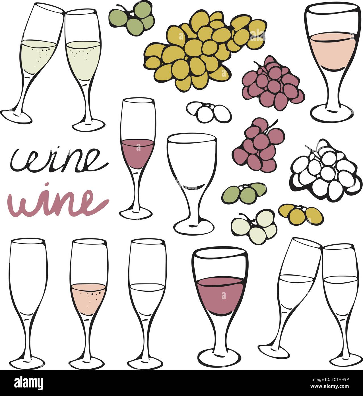 Vector handgezeichnetes Set von Weinläsern, Trauben und Glaswaren. Vektorgrafik Kollektion für Restaurant. Stock Vektor