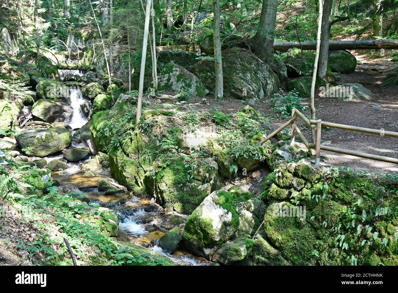 Die Ysperklamm ist ein Naturdenkmal im waldviertel mit Pfaden, Brücken und Wasserfällen entlang des Ysper Baches Stockfoto