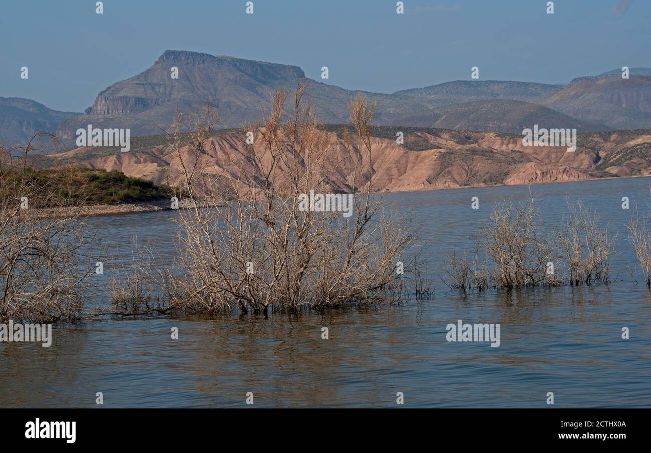 Ruhiges Wasser in Lake Roosevelt mit bergigen Hintergrund, Ende des Sommers. Stockfoto