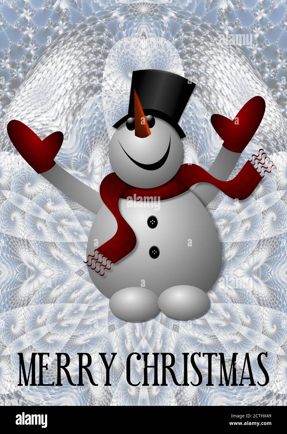 Schneemann mit Zylinderhut, rotem Schal und Handschuhen. Und ist das eine Karotte für eine Nase? Frohe Weihnachten an alle. Stockfoto