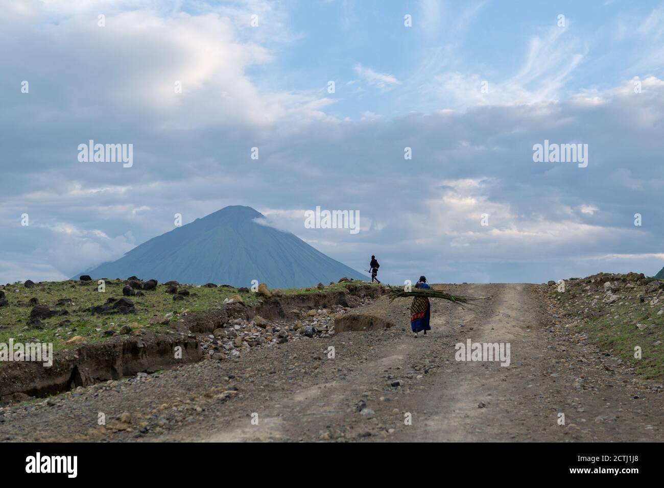 TANSANIA, OSTAFRIKA - JANUAR 2020: Masai-Frau in traditioneller Kleidung und Waffen wandern in der Savanne an der Gravel Road mit Bergen auf Stockfoto