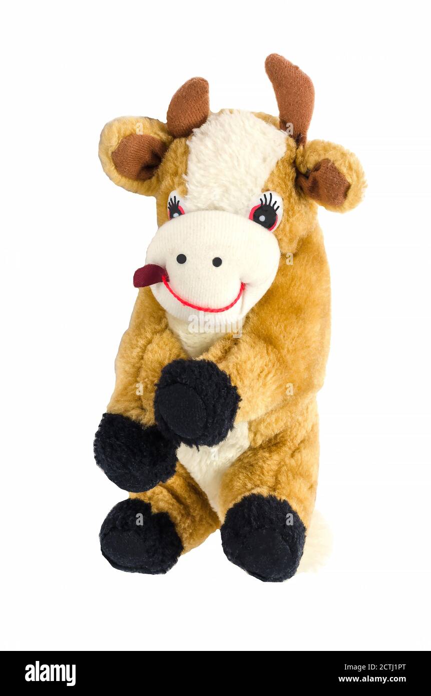 Weiches Spielzeug Stier Symbol von 2021 isoliert auf weißem Hintergrund Stockfoto