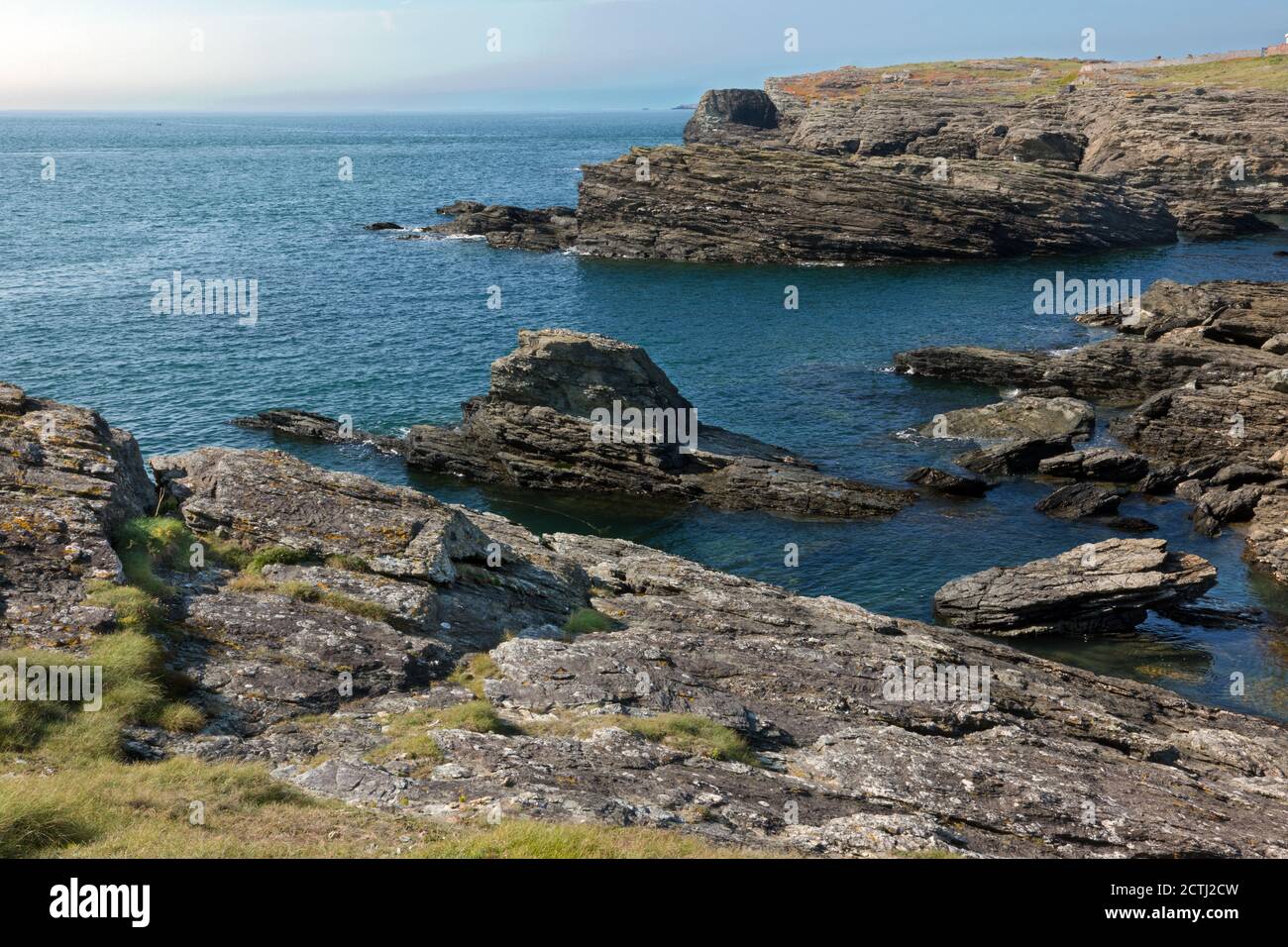 Penrhos Bay in der Nähe von Trearddur auf Holy Island, Anglesey, Nordwales, ist eine kleine Bucht mit dramatischen Klippen, die aus präkambrischen Felsen bestehen. Stockfoto