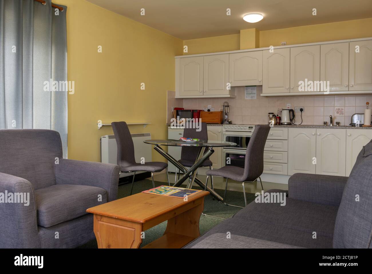 Typisches Wohnzimmer-Interieur in grauen Farben in Selbstversorger-Gästehaus-Apartment in Killarney Haven Suites, Killarney, County Kerry, Irland Stockfoto