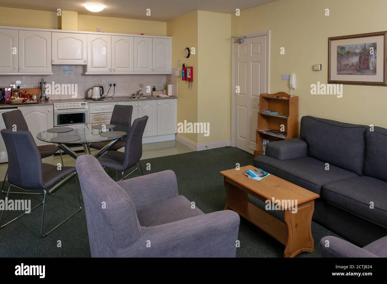 Typische Wohnzimmereinrichtung in grauen Farben in Selbstversorgung Gästehaus Apartment in Killarney Haven Suites Killarney County Kerry Irland Stockfoto