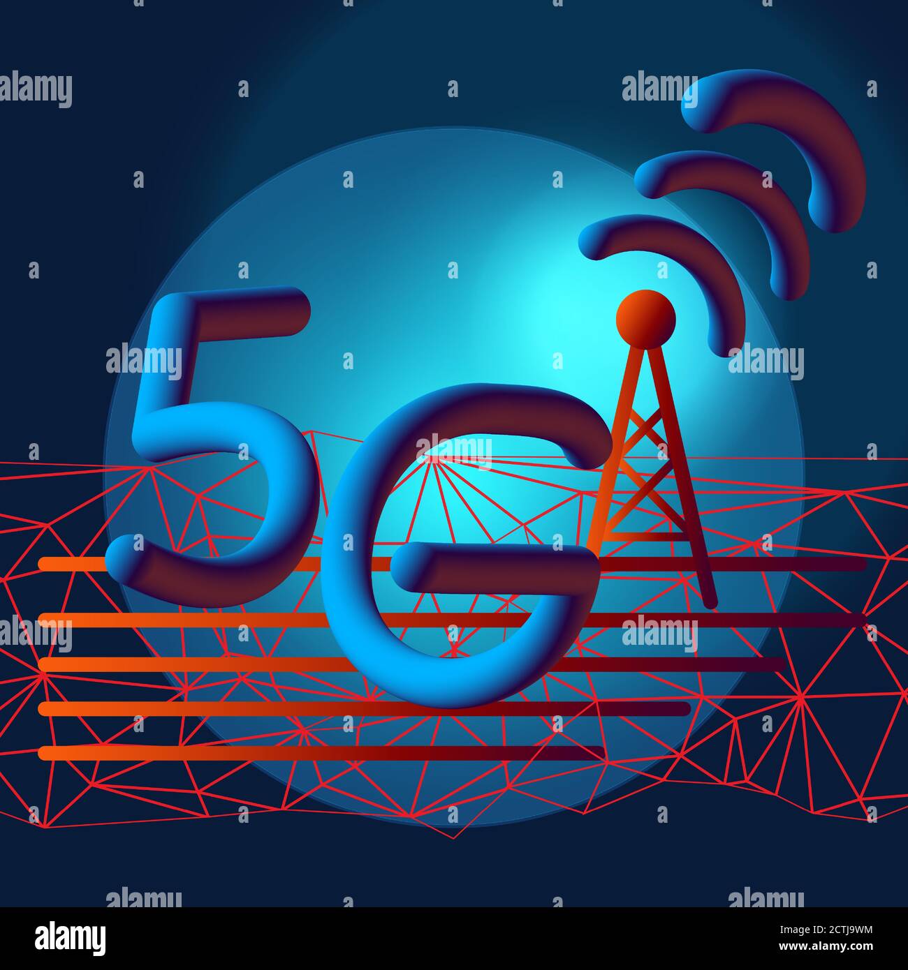 Symbol für 5G-Highspeed-Netzwerk für drahtloses Internet. Mobilkommunikationstechnologie. Leuchtendes 5G-Schild mit Turm, Signal und Polygongewebe. Schnelles WLAN Stock Vektor