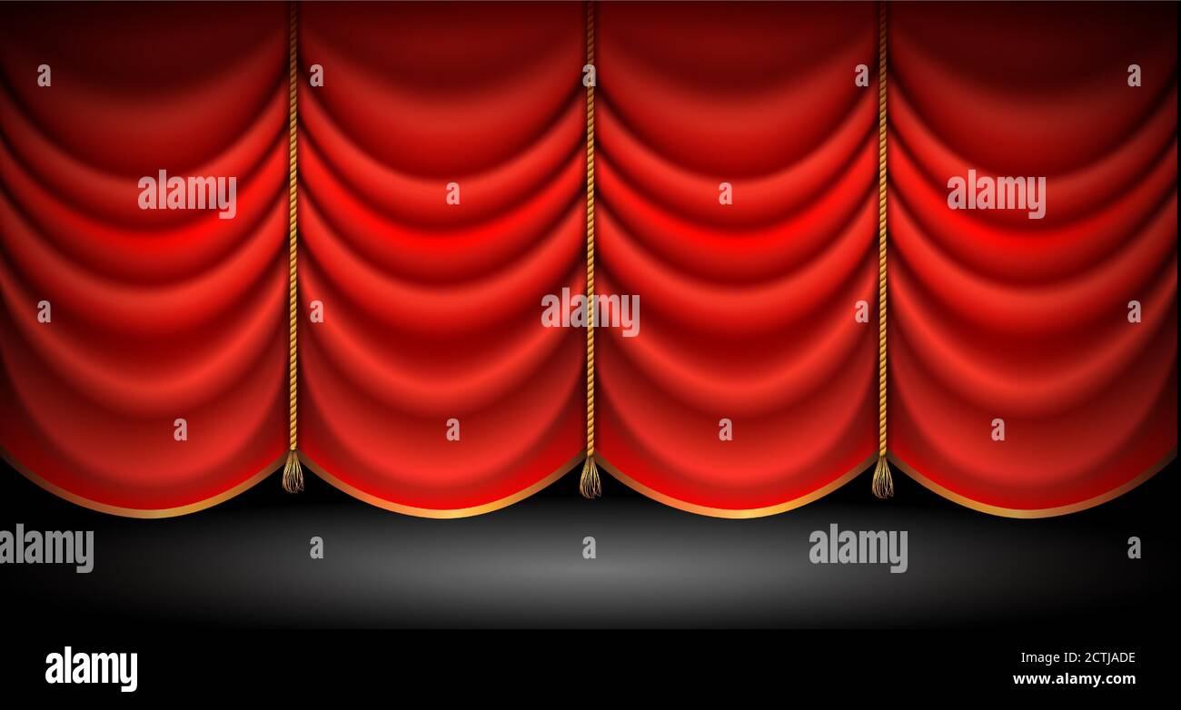 Geschlossene rote Vorhänge mit mit goldenen Seilen und Quasten, Stand-up, Oper oder Theater-Show Hintergrund. vektor Stock Vektor