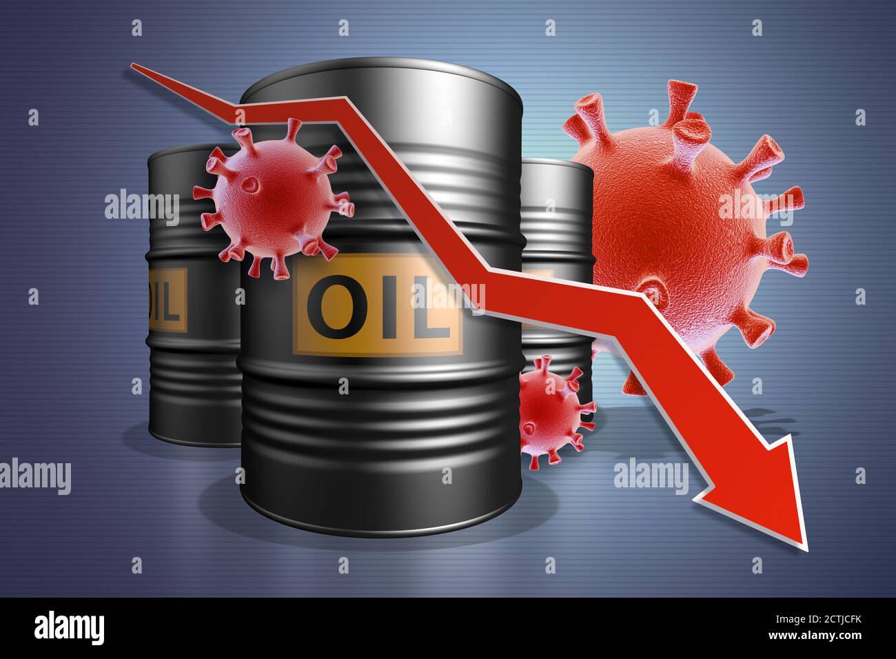 Rückgang der Ölpreise aufgrund von COVID-19. Drei Ölfässer mit Zellen des Coronavirus. 3D-Rendering. Stockfoto