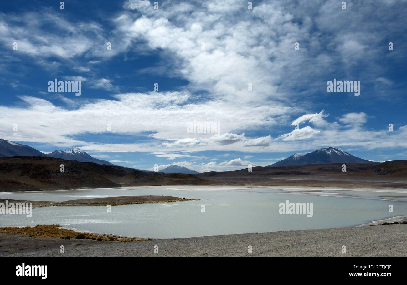 Tolle Laguna Blanca. Mineral flachen weißen See. Wüste Atacama, Altiplano Plateau, Bolivien. Atemberaubende Wildnis Natur.vulkanische Berge Anden Stockfoto