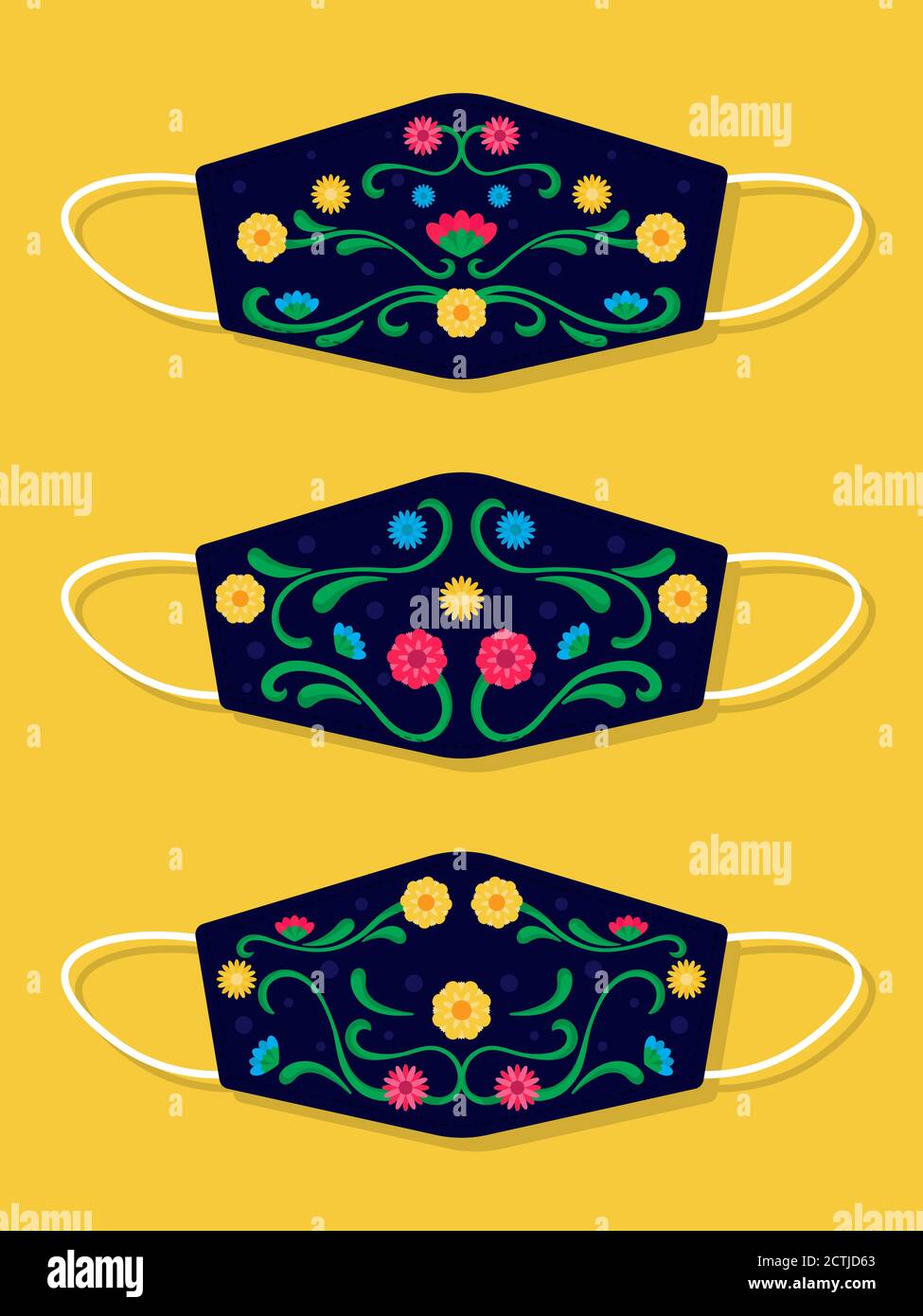 Set von Designs wiederverwendbare Mund lustige Masken mit Blumen. Tag der Toten Stock Vektor