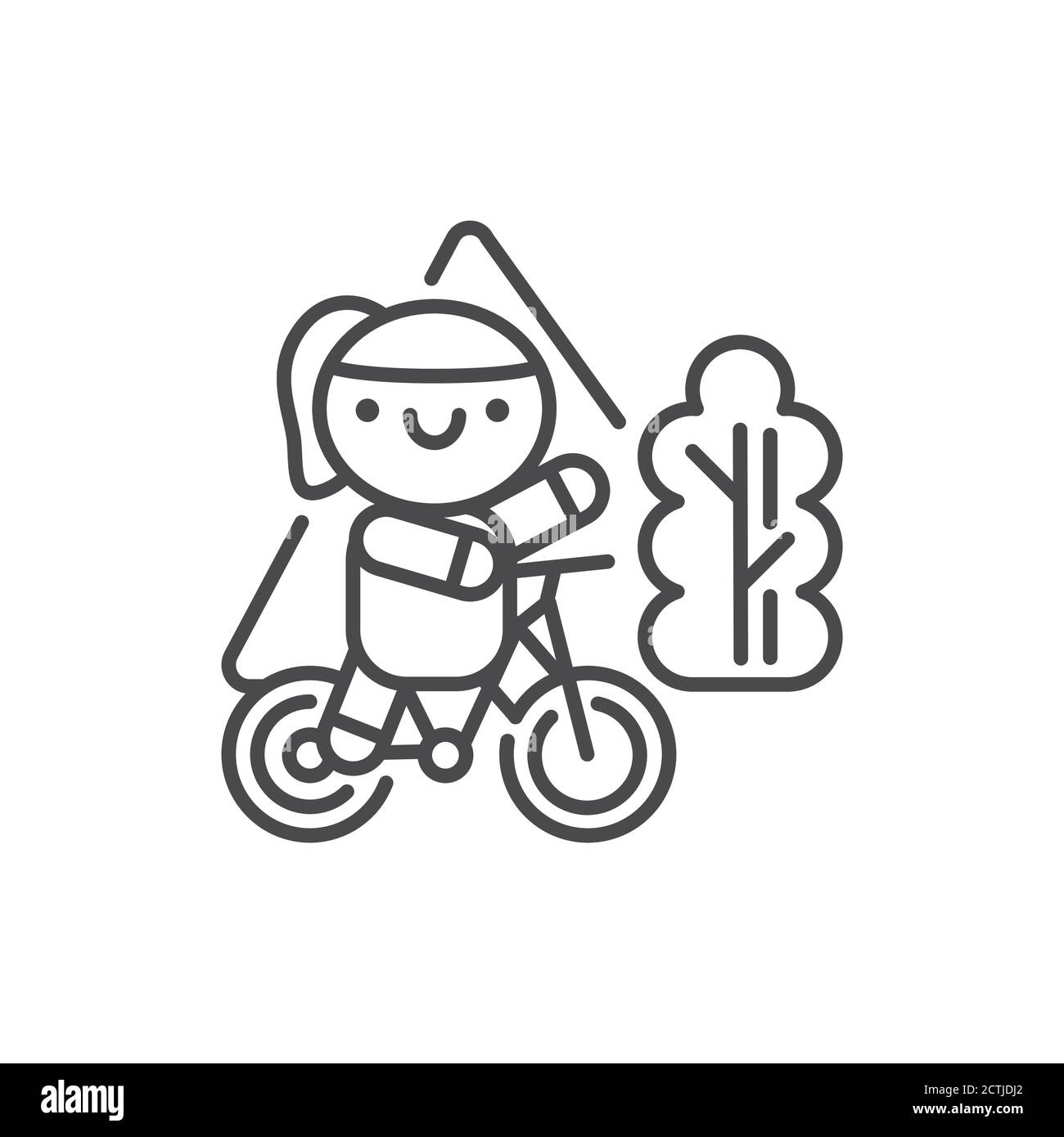 Nettes Mädchen auf Fahrrad Linie schwarz Symbol. Outdoor-Aktivitäten Kawaii Piktogramm. Registrieren Sie sich für Webseite, mobile App, Schaltfläche, Logo. Vektor isoliertes Element Stock Vektor