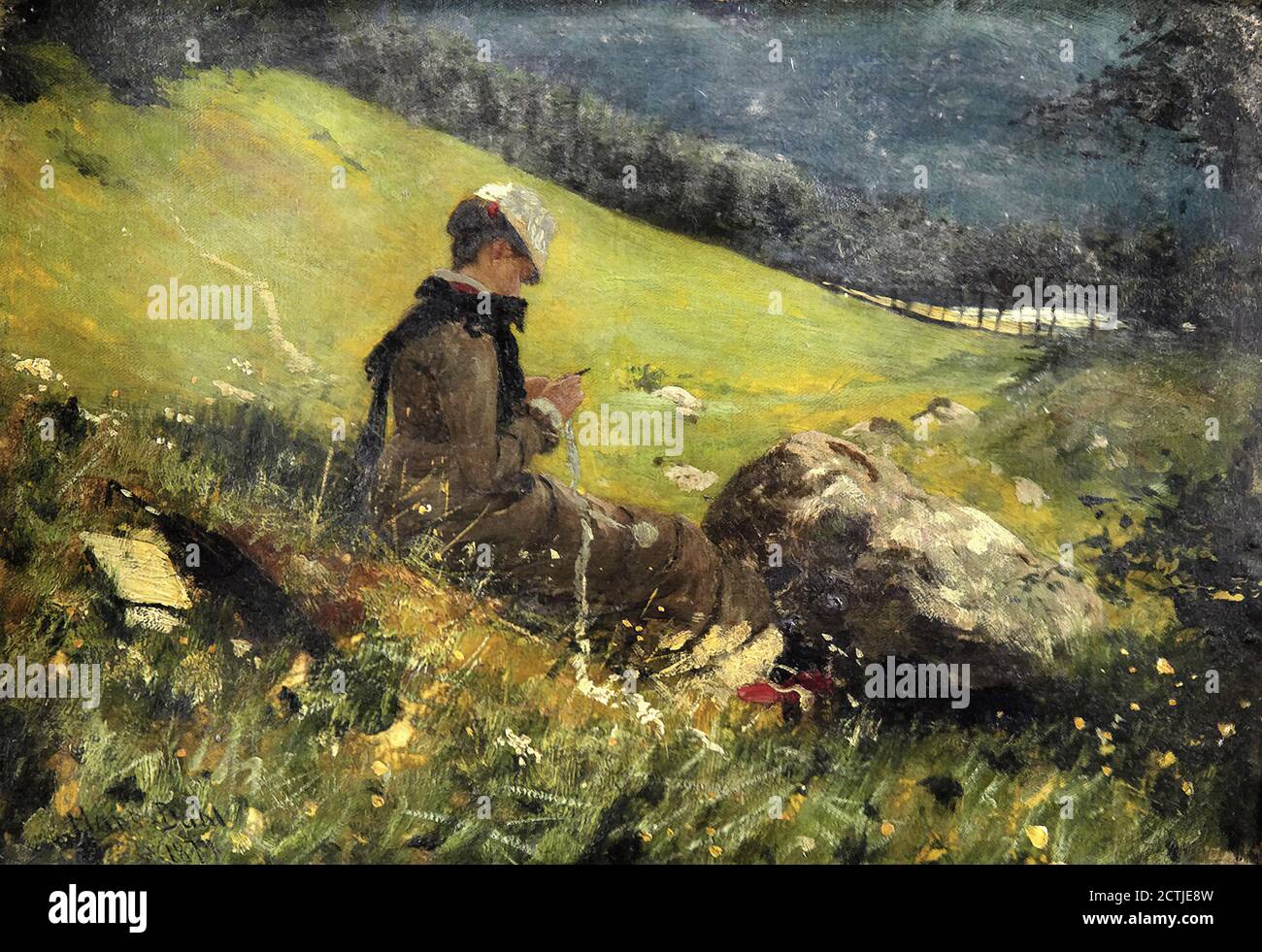 Dahl Hans - Mädchen im Feld Stricken - Norwegisch Schule - 19. Jahrhundert Stockfoto