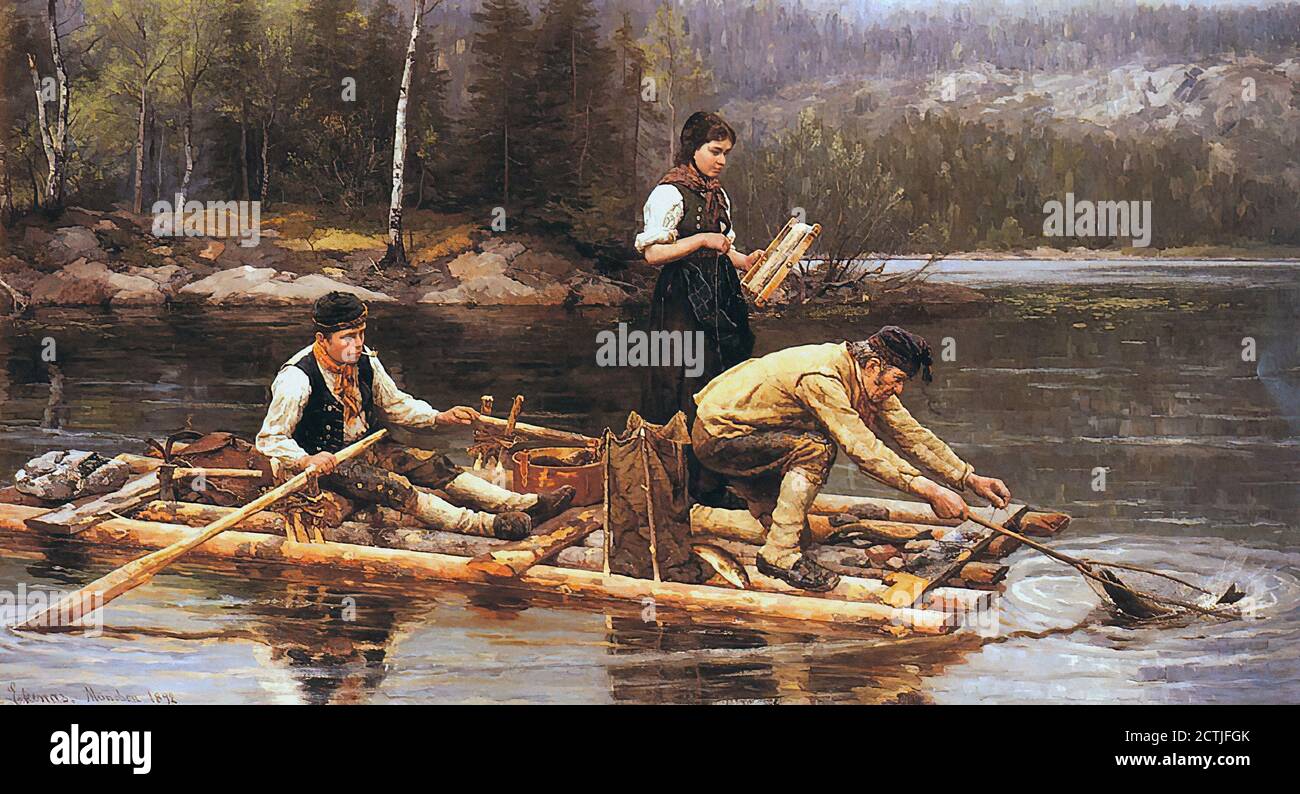 Ekenaes Jahn - Fischfang auf einem Fluss - Norwegisch Schule - 19.  Jahrhundert Stockfotografie - Alamy