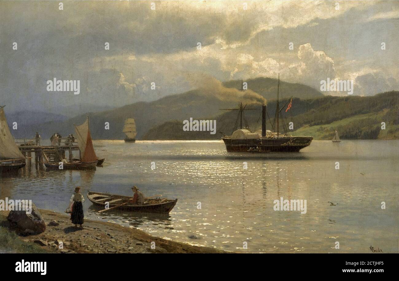 Gude Hans Fredrik - Landschaft (Dampfschiff bei Drøbak) - Norwegische Schule - 19. Jahrhundert Stockfoto