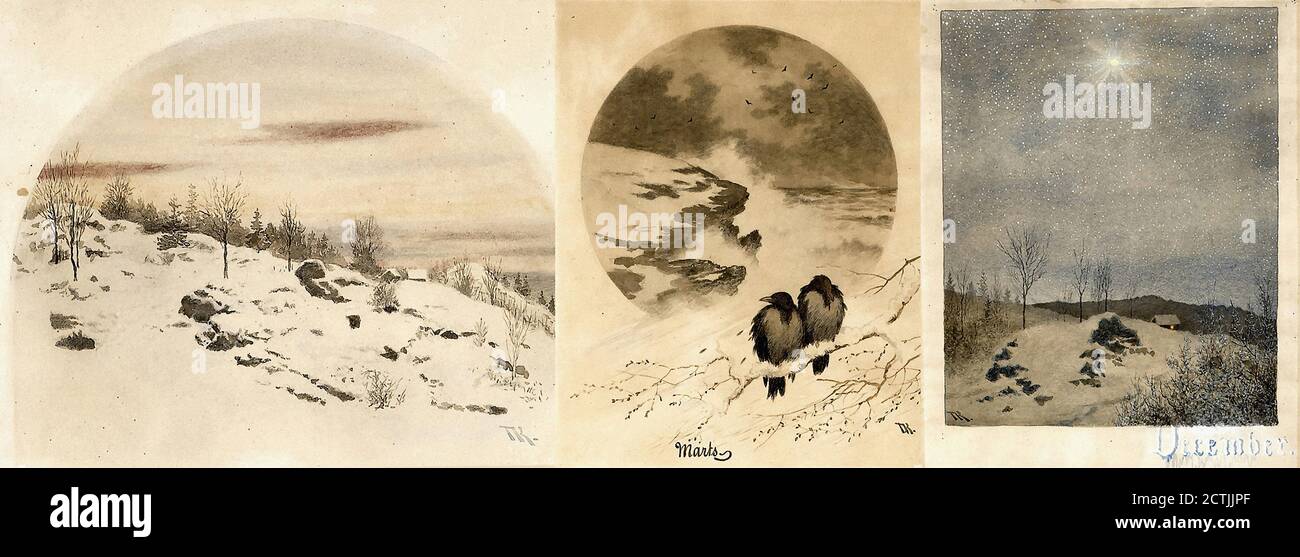 Kittelsen Theodor - aus den Monaten des Jahres Februar März und Dezember - Norwegische Schule - 19. Jahrhundert Stockfoto