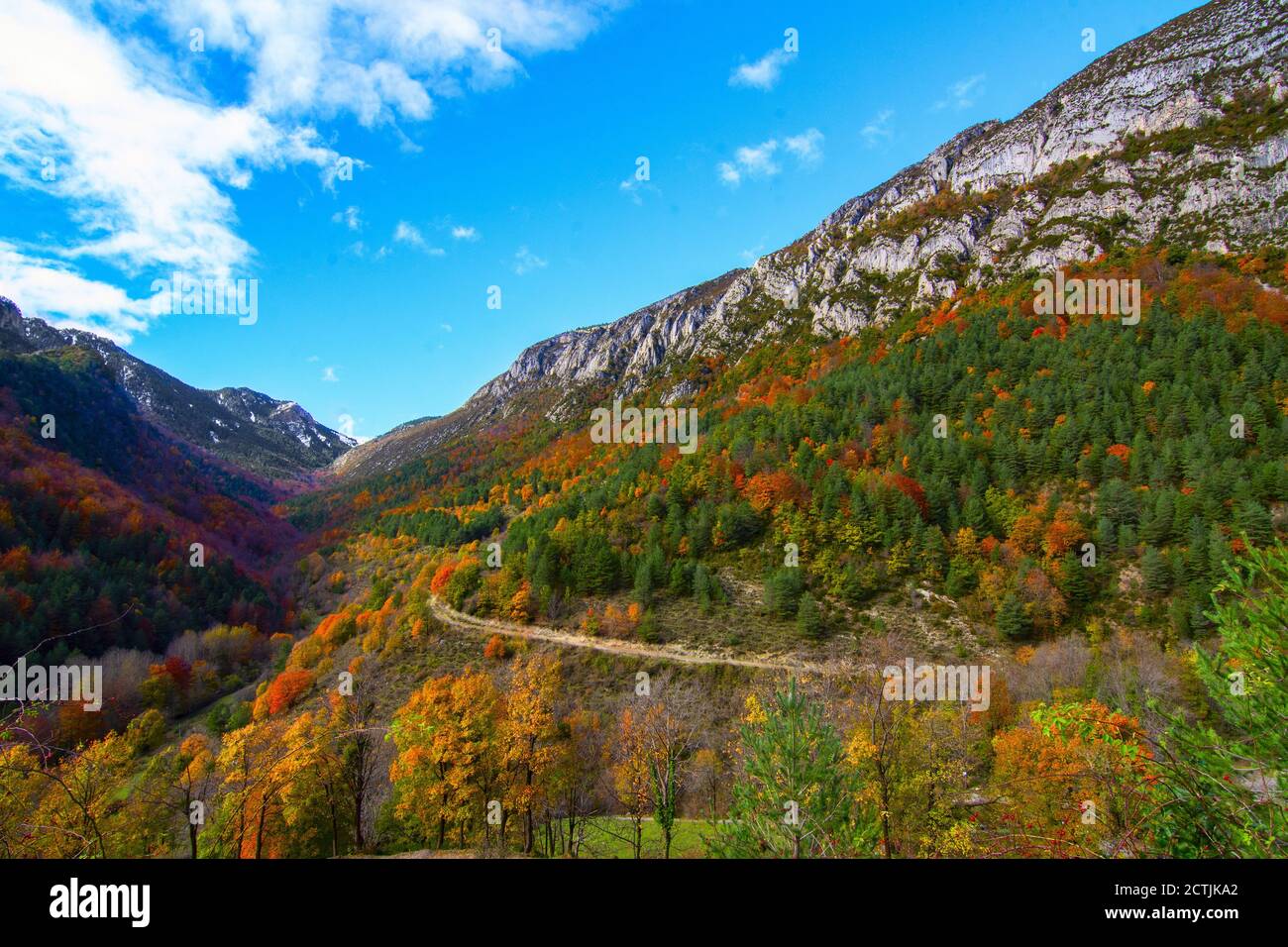 Landschaft von Serra del Cadi in felsigen Bergen und bedeckt Bunte Bäume im Herbst in Spanien Stockfoto