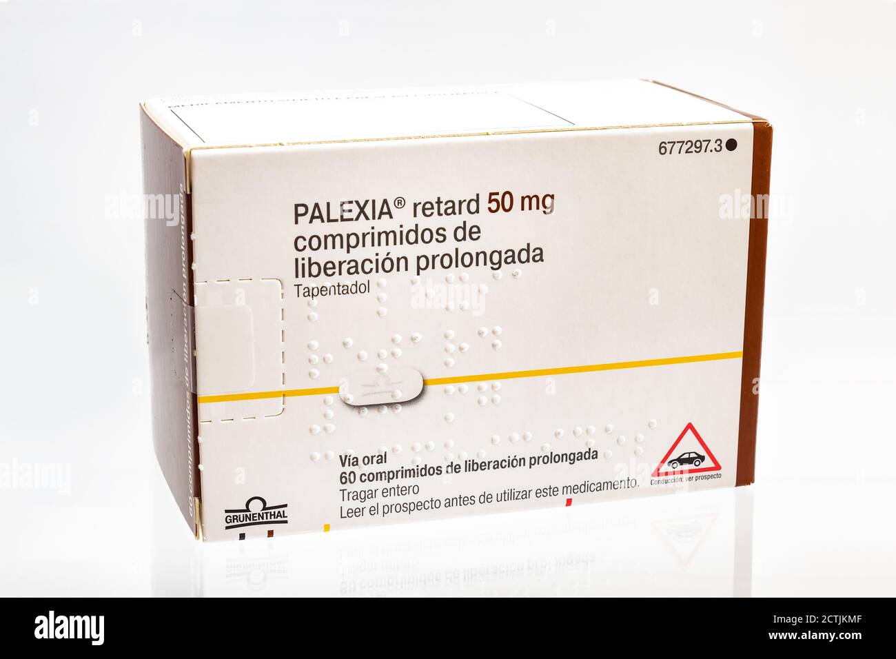 Huelva, Spanien - September 23,2020: Spanische Box von Tapentadol, Marke Palexia. Zentral wirkendes Opioid-Analgetikum der Benzoidklasse mit einem Dual-Modus Stockfoto