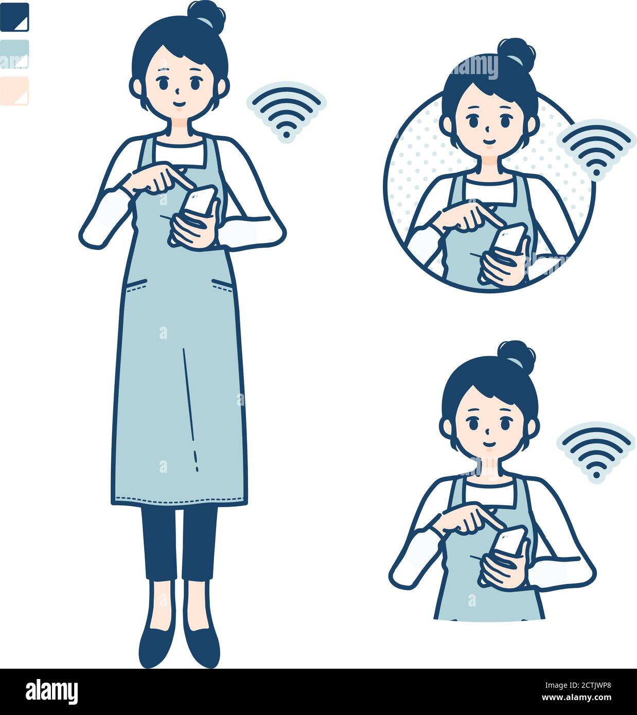 Eine Frau in einer Schürze mit bedienen Smartphone-Bilder. Es ist Vektorgrafik, so ist es einfach zu bearbeiten. Stock Vektor