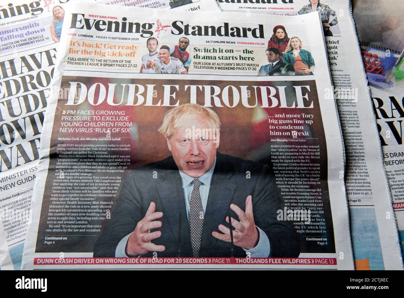 Evening Standard Zeitung Headline Friday11.September 2020 - Double Trouble - Kinder und Regel der sechs in Bezug auf Coronavirus, Corvid19 Stockfoto