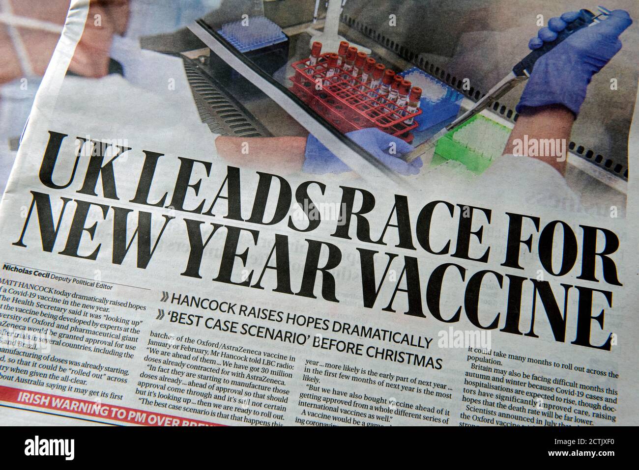 Evening Standard Zeitung headline Montag, 7. September 2020 - Großbritannien führt Rennen um Neujahrsimpfstoff - gegen Coronavirus impfen, Corvid19 Stockfoto