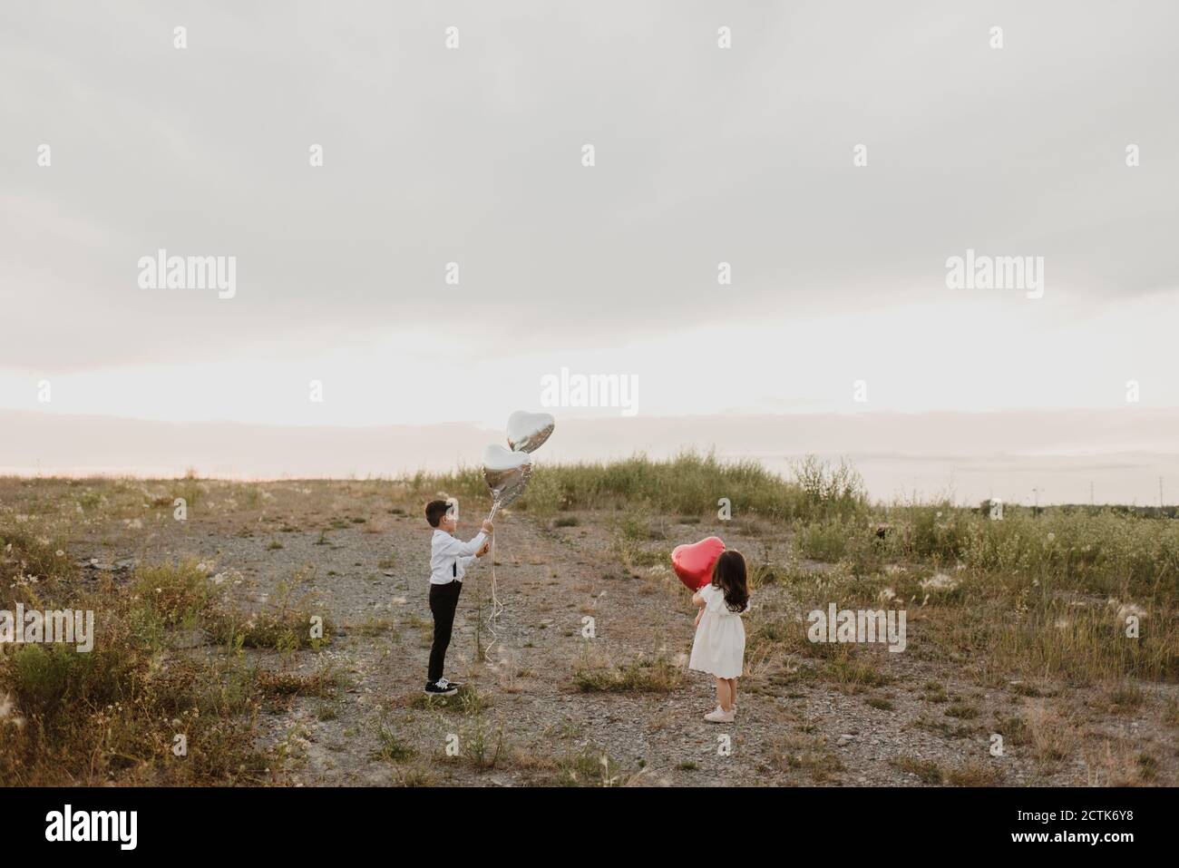 Geschwister mit einem herzförmigen Ballon, der im Feld gegen den Himmel steht Stockfoto