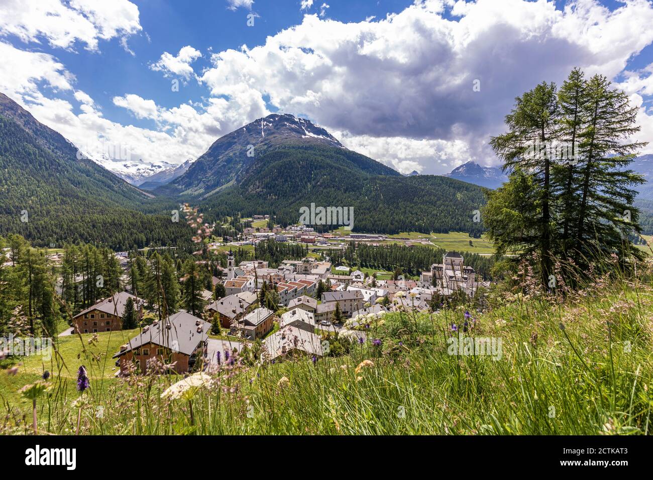 Schweiz, Kanton Graubünden, Pontresina, Ort im Berninatal an sonnigen Sommertagen Stockfoto