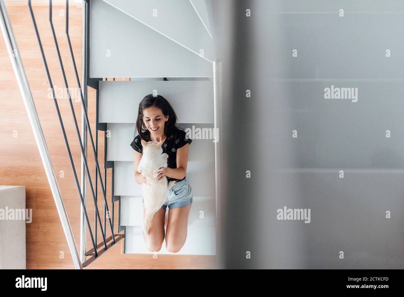 Junge Frau sitzt auf der Treppe, während sie mit Katze spielt Zu Hause Stockfoto