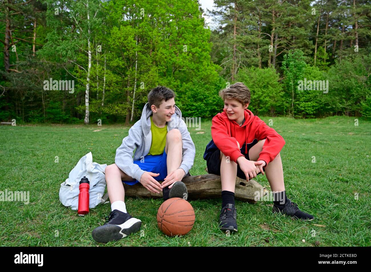 Zwei Jungen reden, während sie auf dem Holzstamm im Wald sitzen Stockfoto